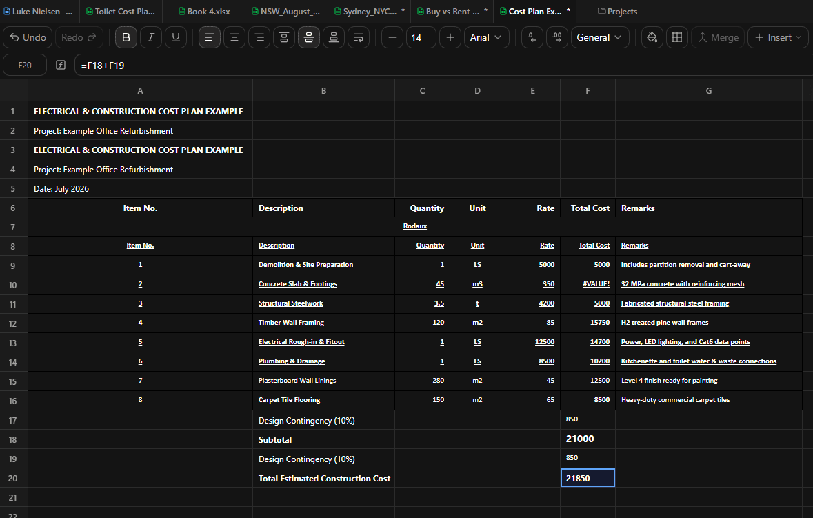 SupaDocs spreadsheet view showing an electrical and construction cost plan